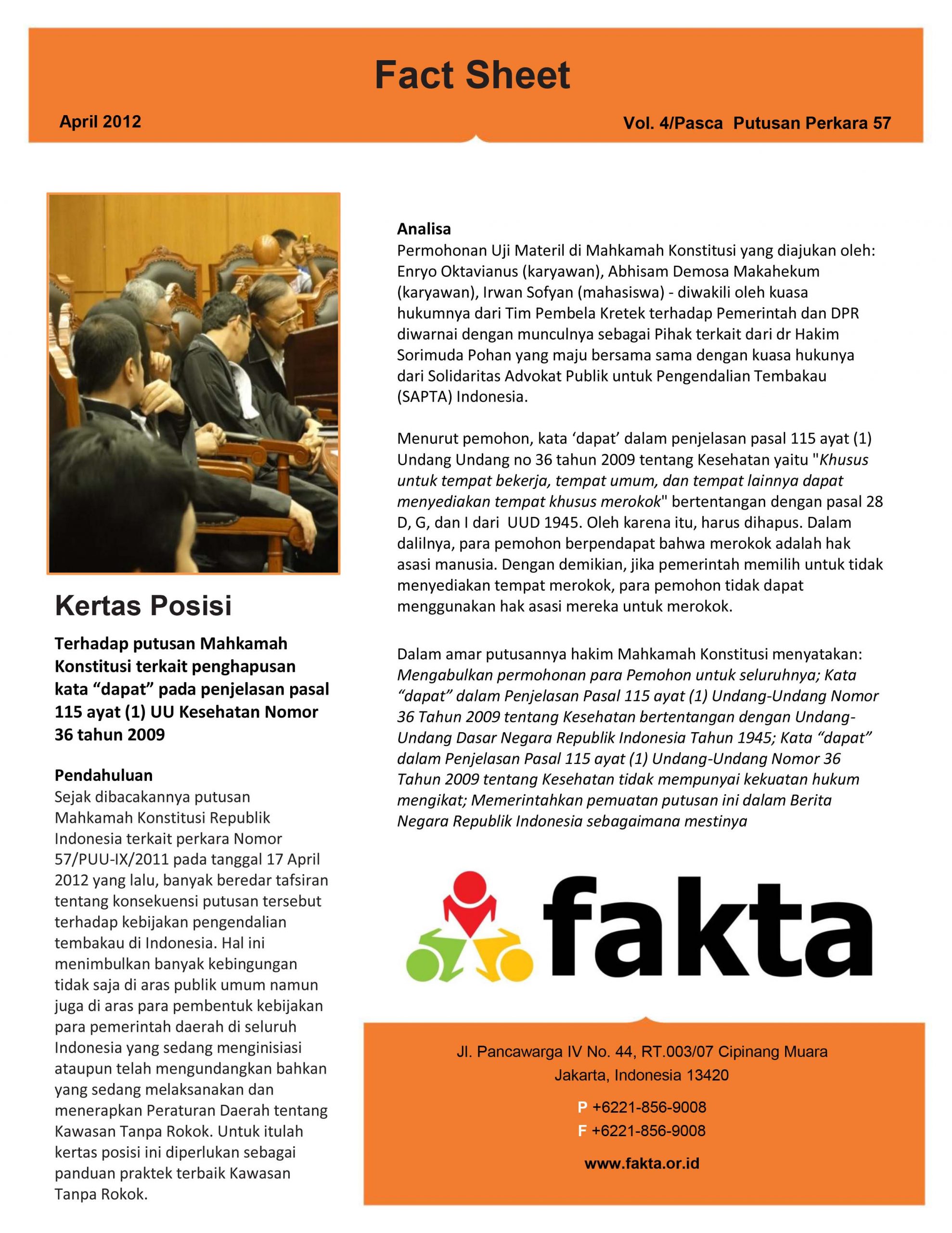 factsheet – Kertas Posisi Putusan Perkara 57 Undang Undang Kesehatan Republik Indonesia di Mahkamah Konstitusi – 2012