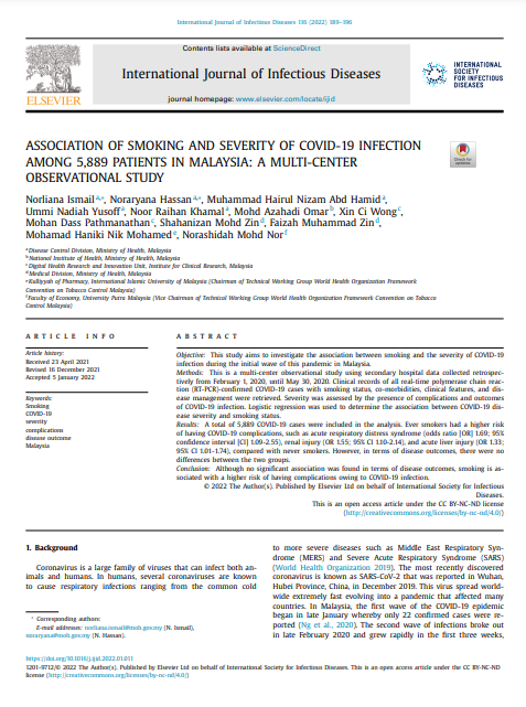 International Journal of Infectious Diseases : “ASSOCIATION OF SMOKING AND SEVERITY OF COVID-19 INFECTION AMONG 5,889 PATIENTS IN MALAYSIA: A MULTI-CENTER OBSERVATIONAL STUDY”