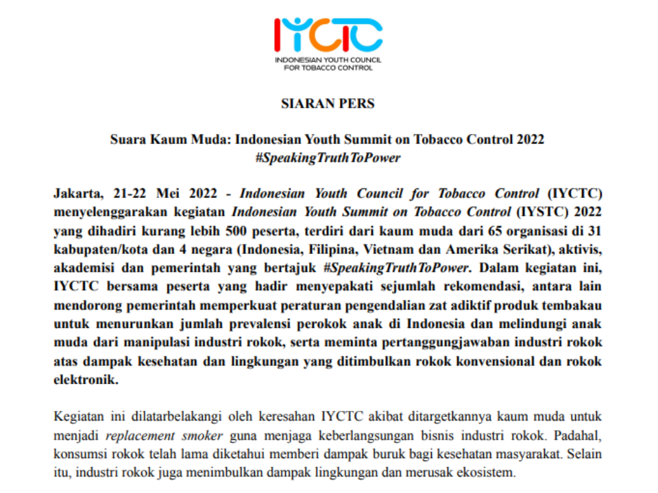 Siaran Pers :  Suara Kaum Muda “Indonesian Youth Summit on Tobacco Control 2022” – SpeakingTruthToPower