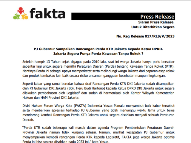 PJ Gubernur Sampaikan Rancangan Perda KTR Jakarta Kepada Ketua DPRD.Jakarta Segera Punya Perda Kawasan Tanpa Rokok ?