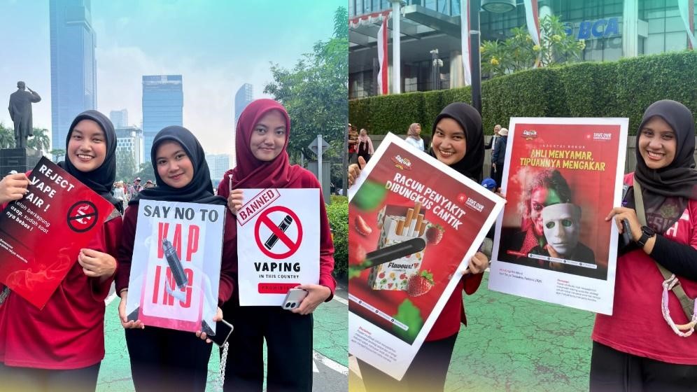 Poster kampanye "Reject Vape Fair" dan "Racun Penyakit Dibungkus Cantik" dari aksi #SaveOurGeneration dalam peringatan Hari Tanpa Tembakau Sedunia 2025